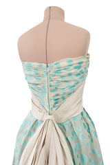 Dreamy Late 1960s Andre Laug Roma Alta Moda Couture Pale Turquoise Applied Dot Strapless Dress