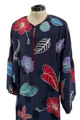 Easy-to-Wear 1980s Hanae Mori Printed Leaf & Flower Blue Silk Caftan Dress w Wide Sleeves