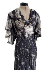 Outstanding Fall 2010 Alexander McQueen Gray Scale Print Silk Dress w Caped Sleeves & Trained Skirt