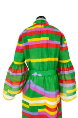 Spectacular 1968 Bill Blass Bright Striped Silk Organza Dress w Original Bow Belt & Bell Sleeves