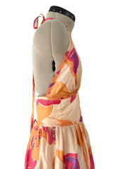 Amazing Late 1970s Bill Tice Printed Tissue Silk Backless Jumpsuit w Balloon Pouf Legs