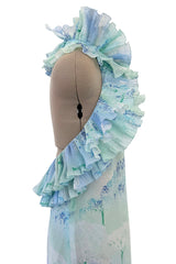 Dreamy Spring 1974 Lanvin by Jules-Francois Crahay Pale Blue Print Silk Chiffon Ruffle Dress
