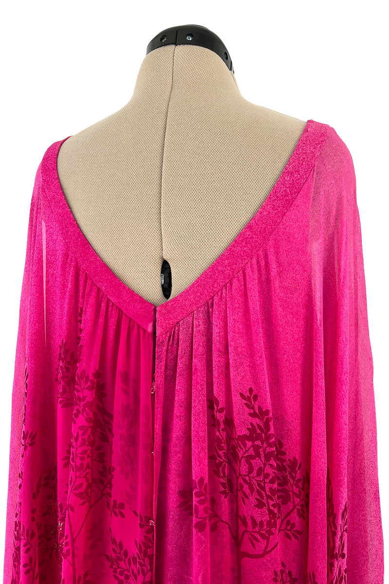 Dreamy 1970s Hanae Mori Pink Layered Bias Cut Silk Chiffon Caftan Dress w Floral Print