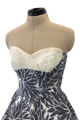 Amazing 1950s Fred Perlberg Hand Painted Silver & Gray Strapless Dress w Pleated Shelf Bust
