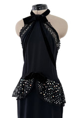 Phenomenal 1997 Christian Lacroix Black Silk Halter Dress w Rhinestone & Velvet Detailing