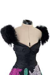 1990s Nina Ricci by Gerard Pipart Haute Couture Black Off Shoulder Dress w Hand Quilted Floral Skirt