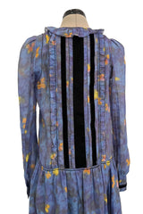 Prettiest 2000s Rochas by Olivier Theyskens Blue Silk Floral Watercolour Dress w Ruffles & Velvet Trim