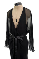 Minimalist Mid-1970s Halston Black Bias Cut Silk Chiffon Wrap Dress w Wide Sleeves