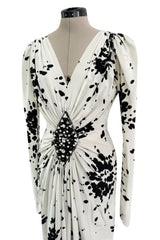 Fantastic Spring 1982 Yves Saint Laurent Haute Couture Runway Unlabeled Black & White Print Plunge Dress