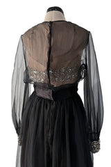 Dreamy 1960s Roger Freres Black Silk Organza Dress w Rhinestone Detailing