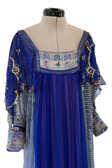 1960s Bloomingdales Label Royal Blue Silk Chiffon & Gold Thread Caftan