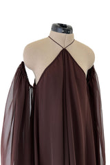 Extraordinary 1970s Yuki Brown Chiffon Caftan Dress w Open Shoulders & Incredible Sleeves