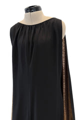 Striking Fall 1976 Chloe by Karl Lagerfeld Runway Documented Black Silk & Metallic Gold Caped Back Panel Dress