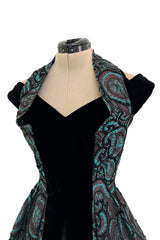 Spectacular 1940s Lilli Ann Teal & Brown Brodace & Velvet Dress w Looped Lame Detailing