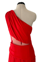Fantastic 1980s Valentino Red Silk One Shoulder Dress w Net Inset & Finely Pleated Ruffled Skirt