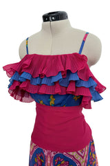 Incredible 1970s Jean Patou Printed Silk Organza Dress w Layered Ruffled Neckline & Hem