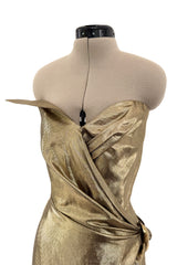 Fabulous c.1986 Thierry Mugler Strapless Metallic Gold Lurex Mini Dress w Buckle Detail