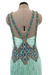 Incredible 1980s Mary McFadden Couture Pastel Teal Green Pleated Dress w Hand Beading