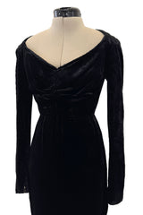 Fall 1984 Christian Dior by Marc Bohan Haute Couture Runway Black Velvet Dress w Wide Neckline