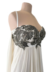 Incredible 2022 Alexander McQueen by Sarah Burton Ivory Silk Chiffon Dress w Heavily Detailed Bodoice
