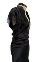 Iconic Fall 2005 John Galliano Black Silk Bias Cut Dress w Plunge Front & Lace Trimmed Cap Sleeves