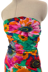 Prettiest Spring 1986 Arnold Scaasi Strapless Bright Floral Print Silk Dress