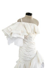 Spring 1988 Emanuel Ungaro Haute Couture Ivory Silk, Silk Net & Dotted Tulle One Shoulder Trained Mini Dress