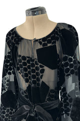 Fantastic Early 1970s Miss Dior Black Silk Velvet Fused Onto Black Transparent Silk Chiffon Dress