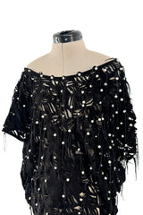 Rare 1980s Jan Faulkner Hand Made Black Suede Cut Out Mini Dress w Pearls & Fringe