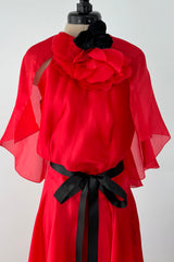 1979 Givenchy Red Organza Caped Dress