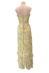 Fabulous 1950s Unlabeled Pearl, Bead & Feather Detailed Yellow Lace Dress w Matching Cape