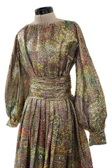 Gorgeous 1960s Unlabeled Gold Lurex Metallic Dress w Floral Print & Full Sleeves