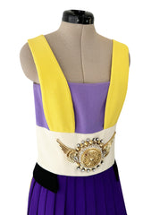 2014 Fausto Puglisi Bright Multi Colour 'Greco-Roman' Mini Dress w Gold Rhinestone Medallion