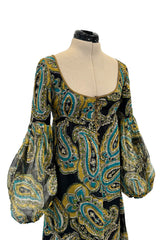 Rare 1960s Thea Porter Couture Printed Silk Chiffon Dress w Gold Sequins & Gold Metal Thread Detailing