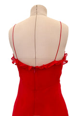 Magical 1990s Bill Blass Perfectly Minimalist Bias Cut Red Silk Chiffon Dress w Tiny Ruffle Detailing