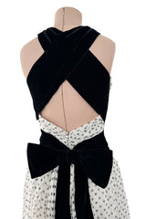 Dreamy Spring 1987 Jacqueline de Ribes Runway & Ad Campaign Silk Chiffon Dot Dress w Black Velvet Bow Detailing