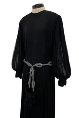 Gorgeous 1960s James Galanos Meticulously Pleated Black Silk Chiffon Dress w Elaborate Belt