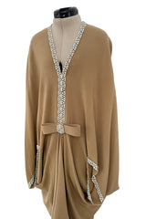 Incredible 1978 Pierre Cardin Haute Couture Soft Taupe Silk Cape Dress w Rhinestone Detailing