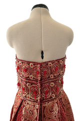 Stunning 1960s Paul Whitney Numbered Strapless Beaded Gold & Red Silk Brocade Dress