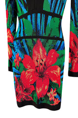 Stunning 2010s Balmain by Olivier Rousteing Huge Floral Print Front Plunge Knit Mini Dress