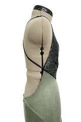 Incredible 1990s Geoffrey Beene Couture Dusty Green Jersey Plunge Dress w Sequins