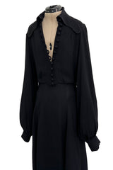 1969 Ossie Clark Bishop Sleeve Black Moss Crepe Dress w Button Front & Dog Ear Collar
