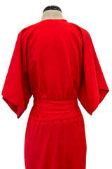 Fabulous 1970s Halston Wrap Plunge Red Full Length Dress w Wide Sleeves & Original Sash