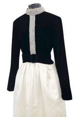 Early 1960s Harvey Berin Black Velvet & Ivory Silk Skirted Dress w Sparkling Beaded Detailing