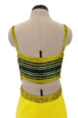 Exceptional 1960s James Galanos Yellow Silk Crepe w Blue & Yellow Beaded Back Cut Out Top