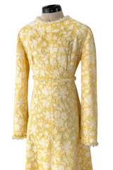 Prettiest 1960s Yves Saint Laurent Stoffler Fabrics Yellow Brocade Dress w Clear Beads