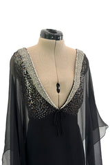 V Neck & Back 1990s Nina Ricci Black Silk Chiffon Caftan Dress w Sequin Bead & Rhinestone Detailing