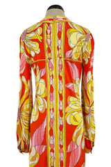 Gorgeous 1960s Emilio Pucci Brilliant Citrus Coloured Silk Jersey Dress w Huge Floral Print