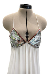 Late 1970s Ossie Clark White Jersey w Silver & Bronze Sequin Halter Dress w Matching Jacket