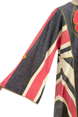 Fabulous 1960s Josefa Hand Muted Charcoal & Coral Cotton Caftan w Hand Embroidered Details